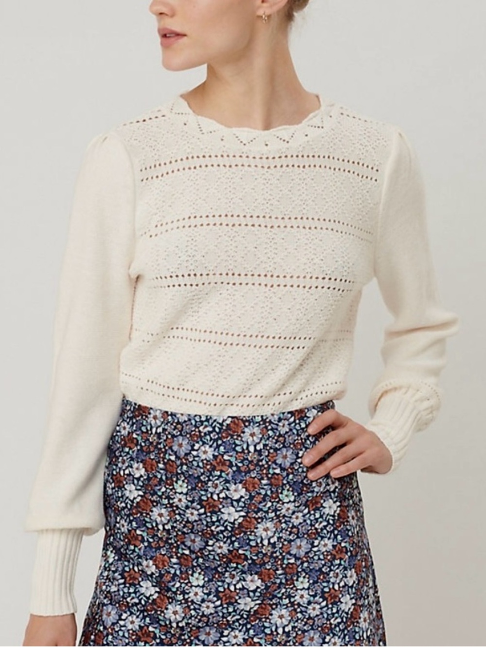 LOFT Cream Dot Stripe Pointelle Sweater